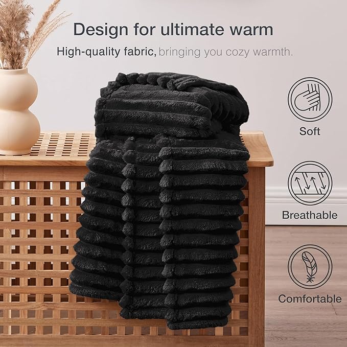 EXQ Home Fleece Blanket Twin Size for Couch or Bed - 3D Stripe Jacquard Decorative Blankets - Cozy Soft Lightweight Fuzzy Flannel Blanket Suitable for All Seasons(60"??80",Black)