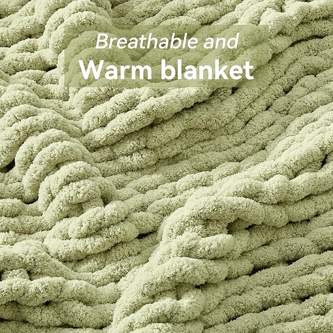 Negwoo Chunky Knit Throw Blanket, 80''*90'' Knitted Throw Chenille Yarn for Bed Couch, Handmade Light Green Crochet Big Thick Blanket, Machine Washable Cute Comfy Blanket for Home Decor