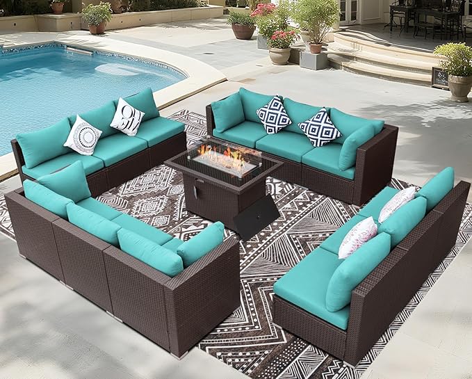 BULEXYARD 13 Piece High Back Wicker Patio Furniture Sets with Fire Pit, Modern Elegant Outdoor Seating Set Modular, Comfy Extra Deep Wide 12-Person Sectional Couch Sofa for Backyard, Brown & Turquoise