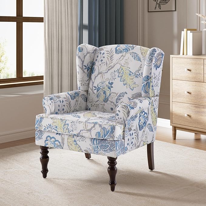 HUIMO Printed Wingback Accent Chair, Linen Upholstered High Back Armchair, Comfy Reading Chair for Living Room Bedroom Study, 300lbs Weight Capacity (2, Blue Floral)