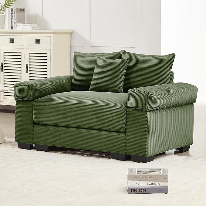 KEIKI 54" Oversized Corduroy Modular Sectional Single Sofa with High-Density Foam Cushions, Extra-Thick Armrests, Upholstered Modern 1-Seater Lounge Accent Chair with 3 Pillow, for Living Room, Green