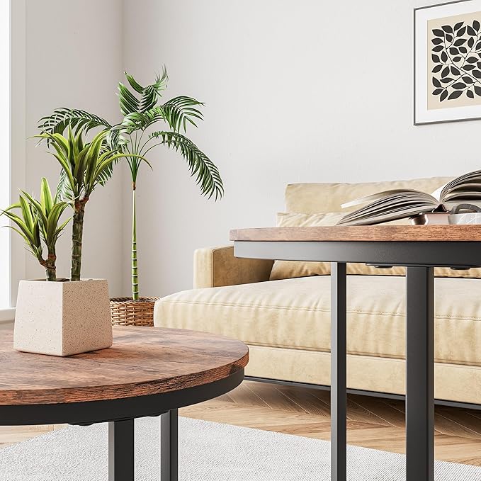 HOJINLINERO Small Coffee Table Living Room, Black Round Coffee Table Nesting Table Set of 2,Metal Frame with Wood Sofa Table,Sturdy and Easy Assembly,Stacking Side Table for Bedroom,Office,Balcony