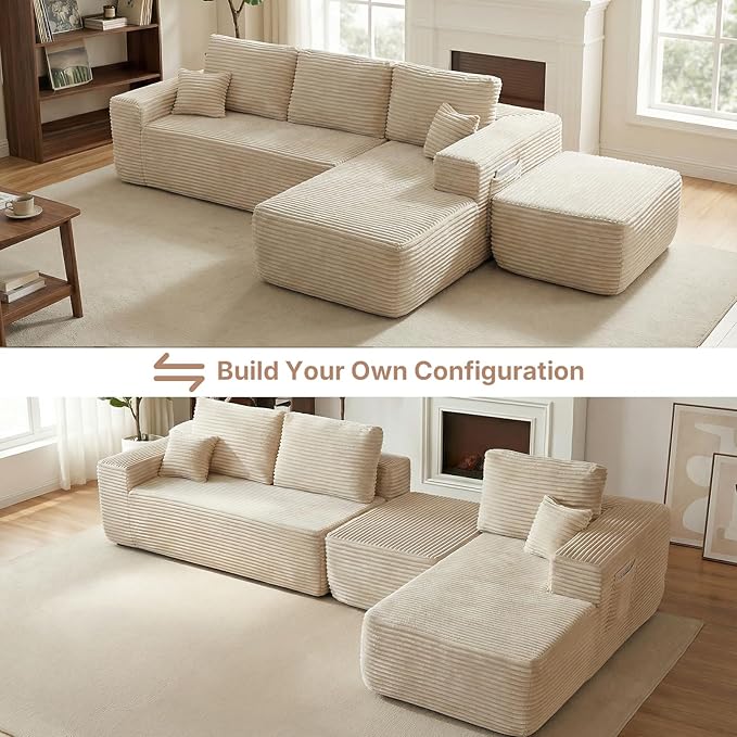 104" Boneless Modular Sectional Sofa with Reconfigurable U-Shaped Layout, No Assembly Required Compressed Sofa, Deep Seat Seating with Ottoman for Living Room, Bedroom, Apartment Beige Right