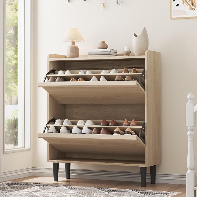 GarveeHome Shoe Cabinet with 2 Flip Drawers, Wooden Shoe Organizer Cabinet with Adjustable Shelf, Shoe Storage for Entryway, Hidden Shoe Cabinet for Hallway, Living Room, Natural Oak by GarveeHome