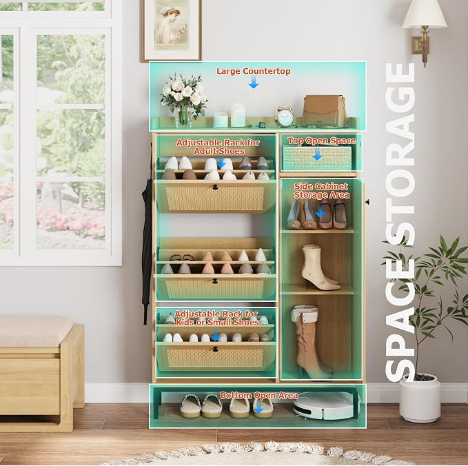 GarveeHome Shoe Cabinet Rattan with 3 Flip Drawers and 4-Tier Shoe Storage Cabinet, Freestanding Shoe Organizer with Adjustable Shelves for Entryway, Closet, Hallway (Light Oak) - Image 5