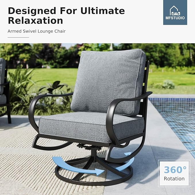MFSTUDIO 5 Pieces Patio Conversation Sets,Outdoor Metal Furniture Sofas with 1 x 3-Seat Sofa, 2 x Swivel Chairs,2 x Ottoman,Wrought Iron Frame with Grey Cushion for Patio Courtyard Balcony
