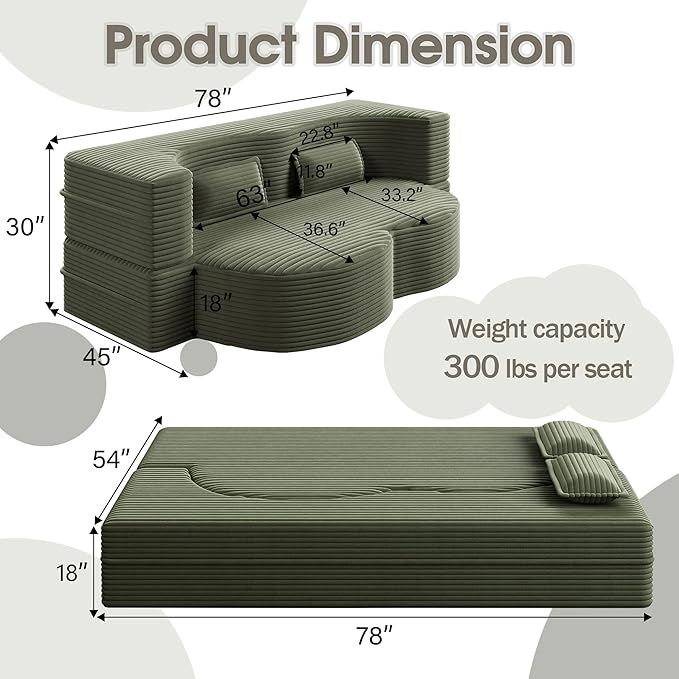 78" Convertible Sofa Bed, 2-in-1 Folding Floor Couch with 2 Pillows, Sleeper Sofa for Living Room and Bedroom, No Assembly Required (Green, Corduroy Fabric)