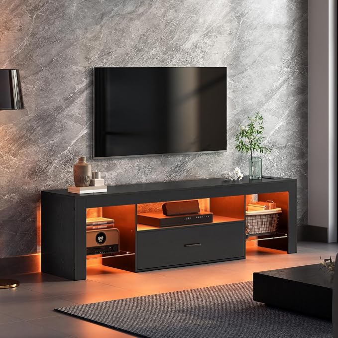 HOOBRO LED TV Stand with Power Outlets to 65 inch TV, Gaming Entertainment Center with Glass Shelves and Large Drawer, Modern Media TV Console Table for Living Room Bedroom, Black BB160UDDS01G1 - Image 4