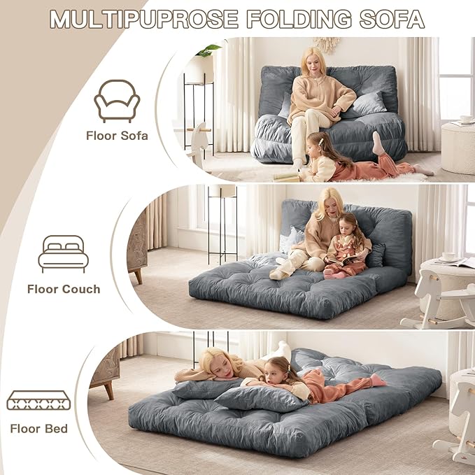 Folding Sofa Bed, Convertible Sleeper Chair with Pillow Foldable Mattress with Back Support, Portable Fold Out Chair Bed Comfy Floor Sofa Lounge for Living Room Bedroom, Dark Gray Full 80x54 Inch