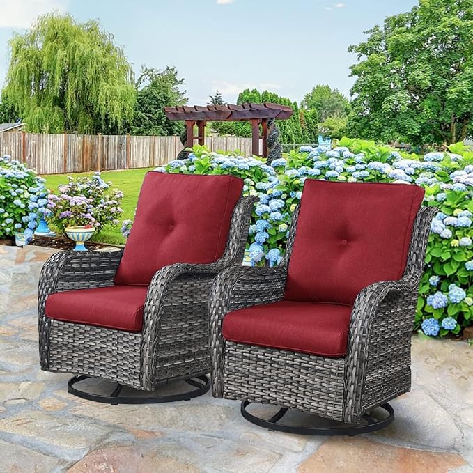 HUMMUH 4 Piece Outdoor Patio Furniture Set Wicker Conversation Bistro Set Swivel Rocker Chairs with 2pcs Ottomans for Backyard, Porch, Balcony