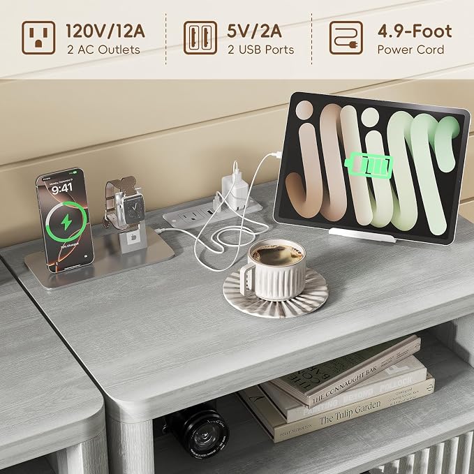 FUSOU Fluted Night Stand, Nightstands with Charging Station and LED Lights, Modern Bedside Table with 3 Drawers and Open Shelf, End Table with Storage, Nightstand for Bedroom, Living Room, Grey - Image 5