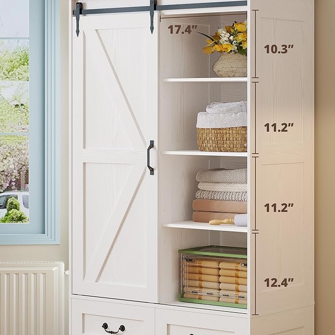 IRONCK Armoire Wardrobe Closet with 4 Drawers,71" Wardrobe Cabinet with Sliding Barn Doors, Tall Clothing Storage Cabinet with Hanging Rod and Shelves for Bedroom, White