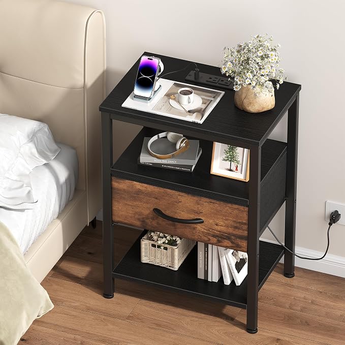 DUMOS Nightstand Set of 2 with Wireless Charging Station Bed Side Tables with Adjustable Fabric Drawers 3-Tier Storage End Tables Modern Design,Black and Brown - Image 4