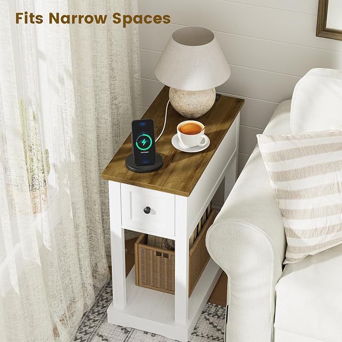 Farmhouse Nightstand with Charging Station, Side Table with Storage, Thicken Base, for Bedroom, Rustic Brown and White - Image 9