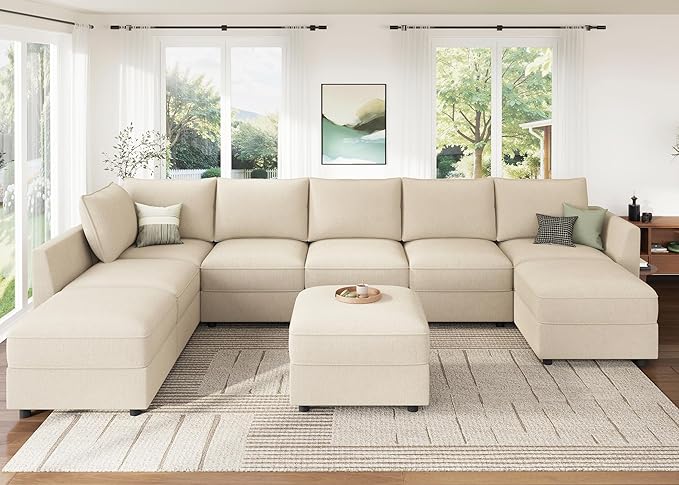 HONBAY Modular Sectional Sofa with Storage, U Shaped Couch Modular Convertible Sectional Couches for Living Room - Beige