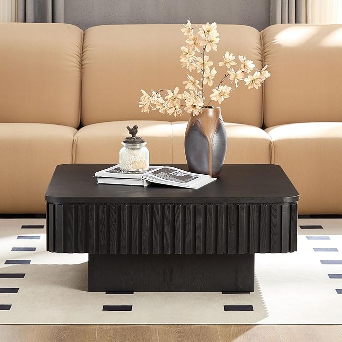 WILLIAMSPACE 35.43" Lift Top Coffee Table with Hidden Storage & Sturdy Base, Modern Luxury Square Wood Handcraft Drum Center Table Accent End Tea Table for Living Room, Minimalist Fluted Design, Black