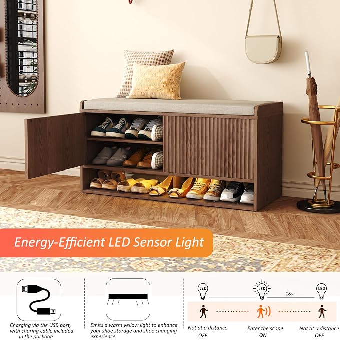 HOMEFORT 39.4" Fluted Shoe Storage Bench, Entryway Bench with Linen Seat Cushion, Shoe Cabinet Bench with Adjustable Shelf and Built-in LED Sensor Light, Bench for Bedroom End of Bed,Walnut - Image 5