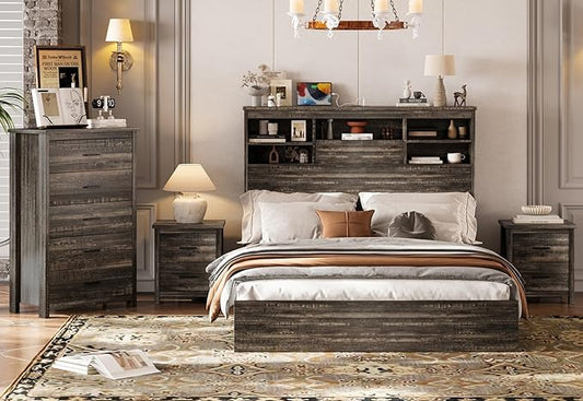 Merax 4-Pcs Queen Size Bed Frame Dresser Night Stand Bedroom Set, Platform with USB Charging Ports Storage Headboard & 1 x 5 Drawers Cabinet & 2 x Nightstands, Wooden, Antique Grey