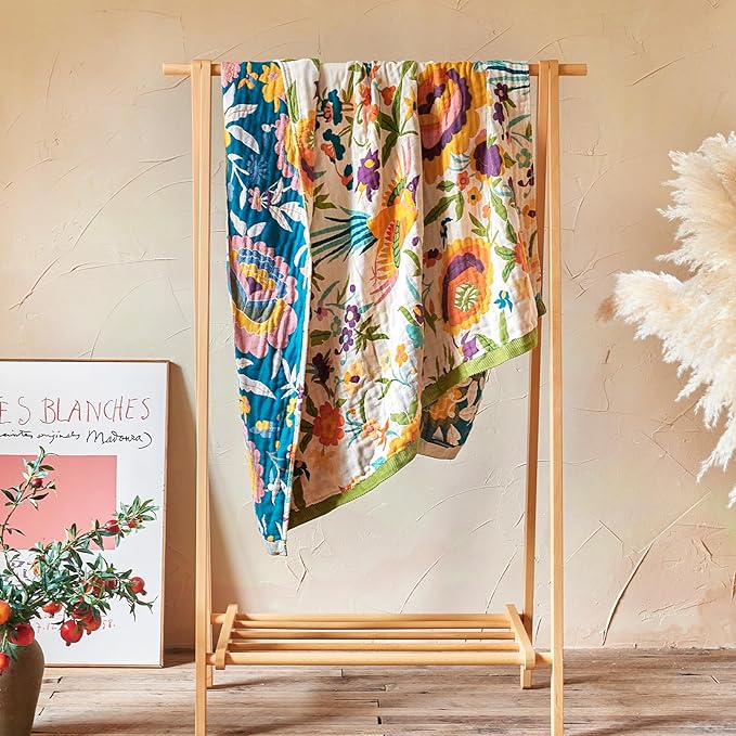 Boho Throw Blanket - 60"x80" 100% Cotton Ultra Soft Lightweight Blanket, 4-Layer Breathable Muslin Spring Blankets for Bed Couch, Reversible Green Floral Bird Printed Bohemian Cotton Quilt