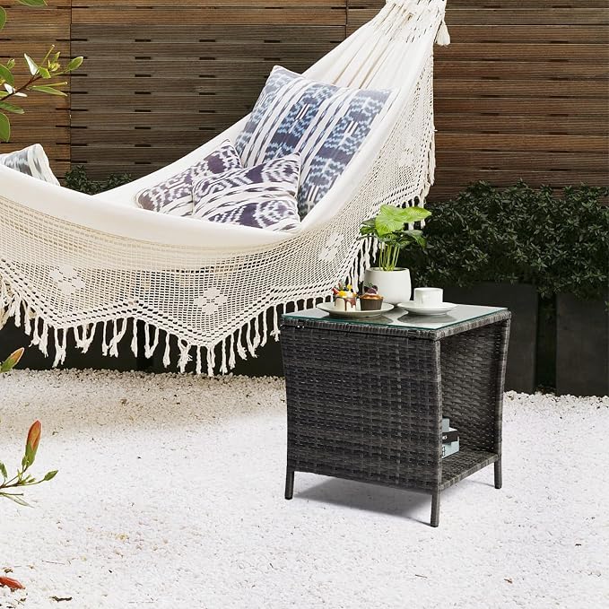 VINGLI Outdoor Wicker Side Table Patio Side Tables for Outside, Tempered Glass Top Wicker Table with Storage End Table for Balcony Porch Deck (Grey) - Image 7