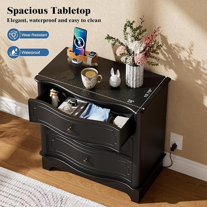 3 Drawers Dresser for Bedroom with Charging Station, 28" Wide Small Chests of Drawers, Farmhouse Wood Nightstand Bedside Cabinet End Table for Bedroom, Living Room, Closet, Black - Image 4