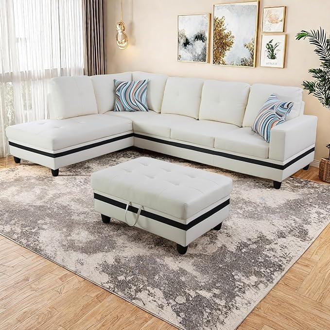 NicBex Modular L-Shaped Sectional Couches, 3-Piece Convertible Couch with Storage Ottoman, 4-Seat Comfy Sofa with Chaise for Living Room & Apartment, White + Black