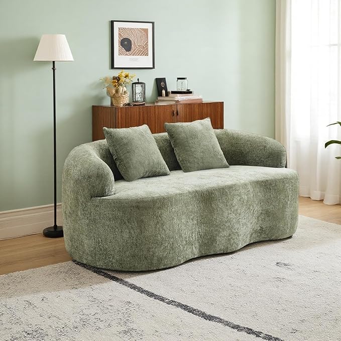 Curved Compression Sofa, Modern Loveseat Couch with Rounded Armrests & 2 Coordinating Pillows, 67'' Polyester 2 Seater Sofa for Small Living Room, Bedroom and Offices, No Assembly, Green