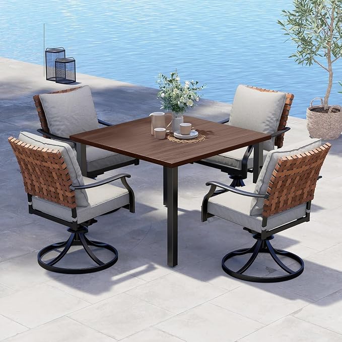 Grand patio 5-Piece Outdoor Dining Set, 4 Leather-Look Wicker Swivel Patio Chairs & 1 Square Woodgrain Dining Table, Brown by GrandPatio