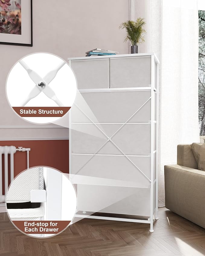 Crestlive Products Tall Dresser for Bedroom Vertical Skinny Dresser - Sturdy Steel Frame, Wood Top, Easy Pull Fabric Bins- Organizer Unit for Bedroom, Entryway, Closets - 6 Drawers (White) - Image 7