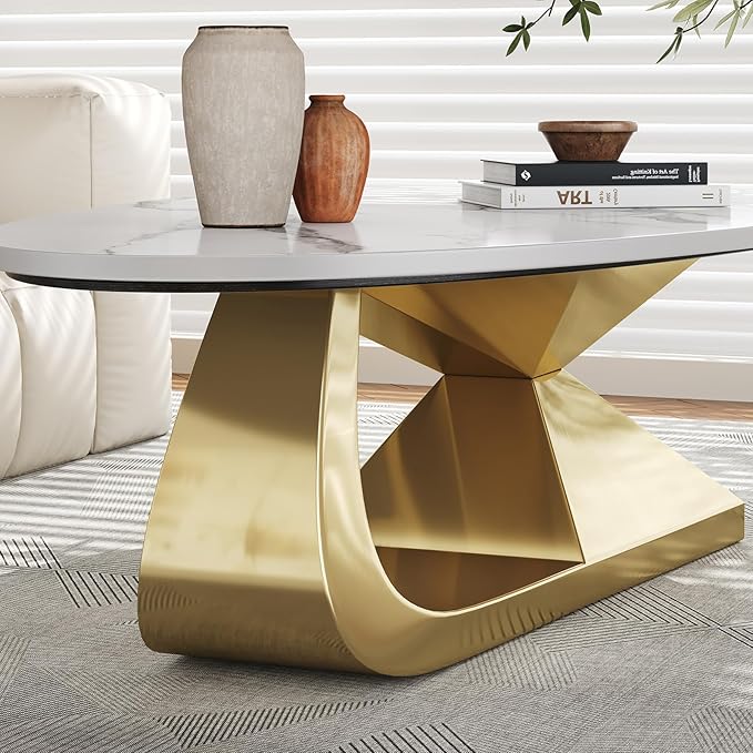 Glintee 51.2" Oval Coffee Table with Marble Top, Gold Stainless Steel Base, Scratch & Heat Resistant, Modern Living Room Centerpiece.