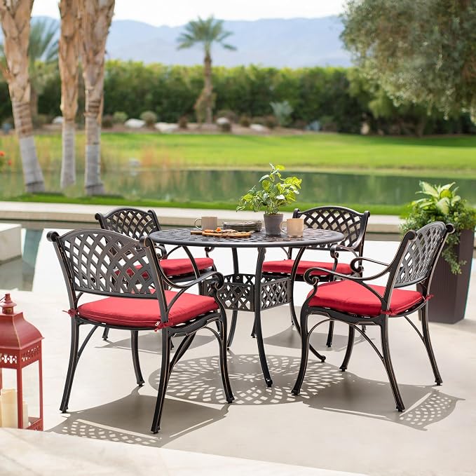 NUU GARDEN 5 Piece Patio Dining Set, Cast Aluminum Outdoor Dining Sets with Red Cushions, Round Patio Dining Table with Umbrella Hole for Garden, Backyard, Balcony, Black with Bronze Edge - Image 9
