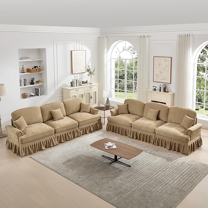 KEIKI Mid Century Modular Sofa with Flared Arms and Skirted Design, 107” Oversized 3-Seater Chenille Sectional Couches Set for Living Room, Modern Comfortable for Living Spaces, Light Coffee