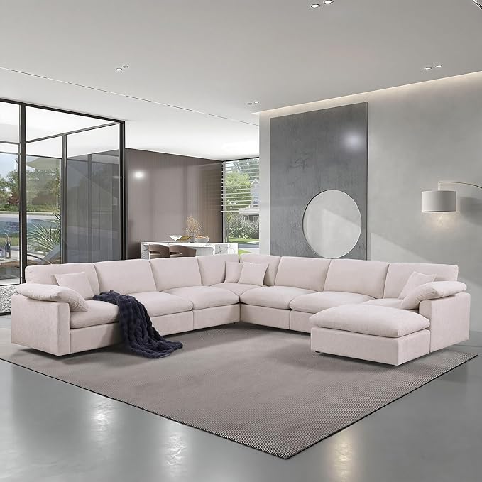 144-Inch Oversized L-Shaped Symmetrical Sectional Cloud Sofa,Modern 8 Seat Modular Cloud Sofa Luxury Convertible Couch with 6 Pillows and Movable Ottoman for Living Room