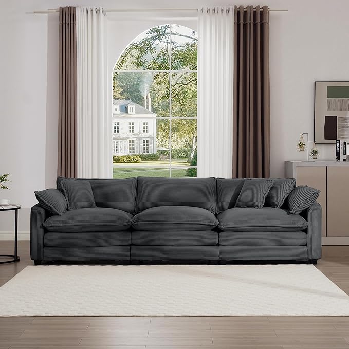 KEIKI 115" Oversized Corduroy Modular Sectional Cloud Sofa with High-Density Foam Cushions, Removable Armrests, Upholstered Modern 3-Seater Fluffy Corner Couch with 5 Pillow, for Living Room, Grey