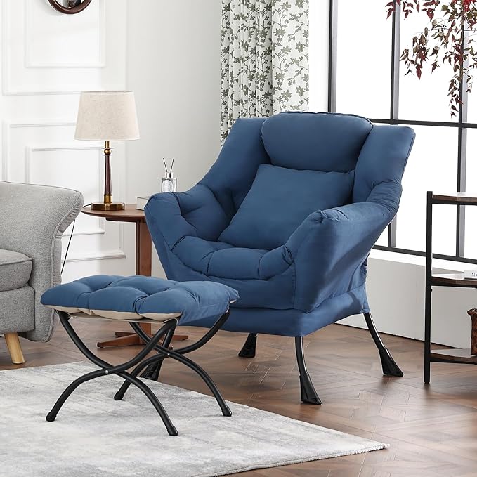 Lazy Chair with Ottoman, Reading Chair with a Pillow, Leisure Sofa Armchair with Ottoman, Large Accent Chair for Bedroom, Living Room, Dorm Room, Peach Royal Blue