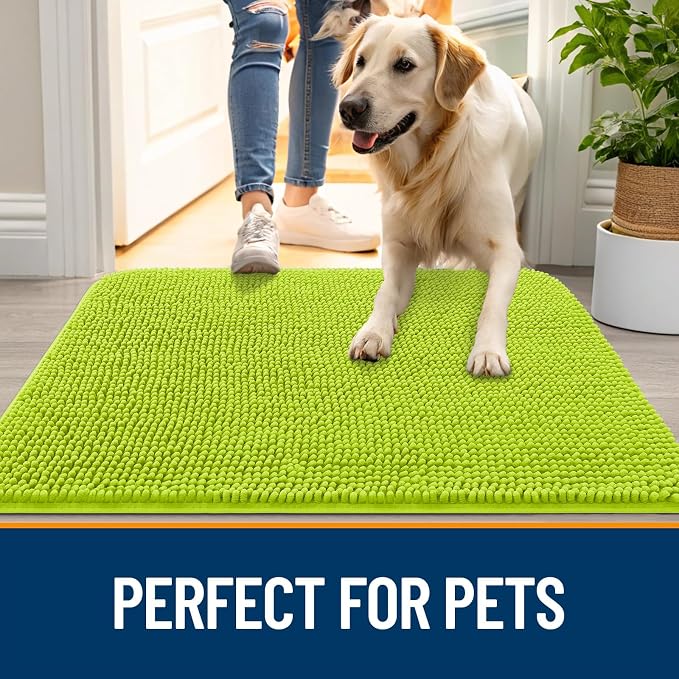 OLANLY Dog Door Mat for Muddy Paws 24x16, Absorbs Moisture and Dirt, Absorbent Non-Slip Washable Doormat, Quick Dry Chenille Mud Mat, Entry Indoor Entryway Carpet for Inside Floor, Bright Green - Image 6
