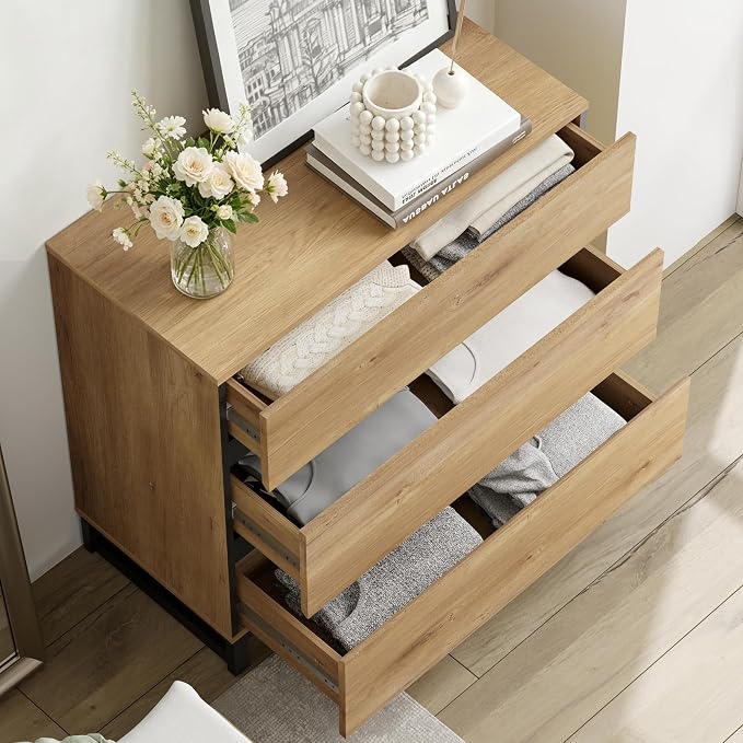 WAMPAT Nightstand with 3 Drawers for Bedroom, Modern Bedside Table with Black Square Metal Leg, Wood Rustic Side End Table, Oak, 2 Pcs - Image 4