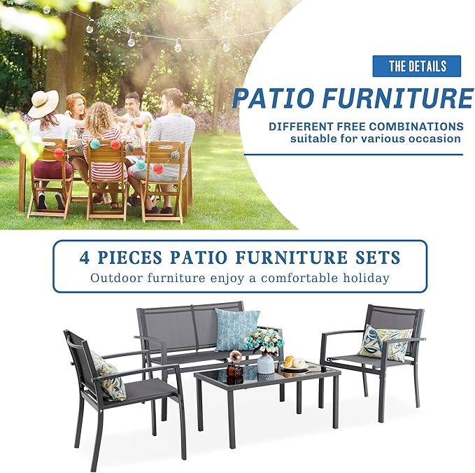 Vongrasig 4 Pieces Patio Furniture Sets, Small Outdoor Furniture Conversation Sets(Grey)