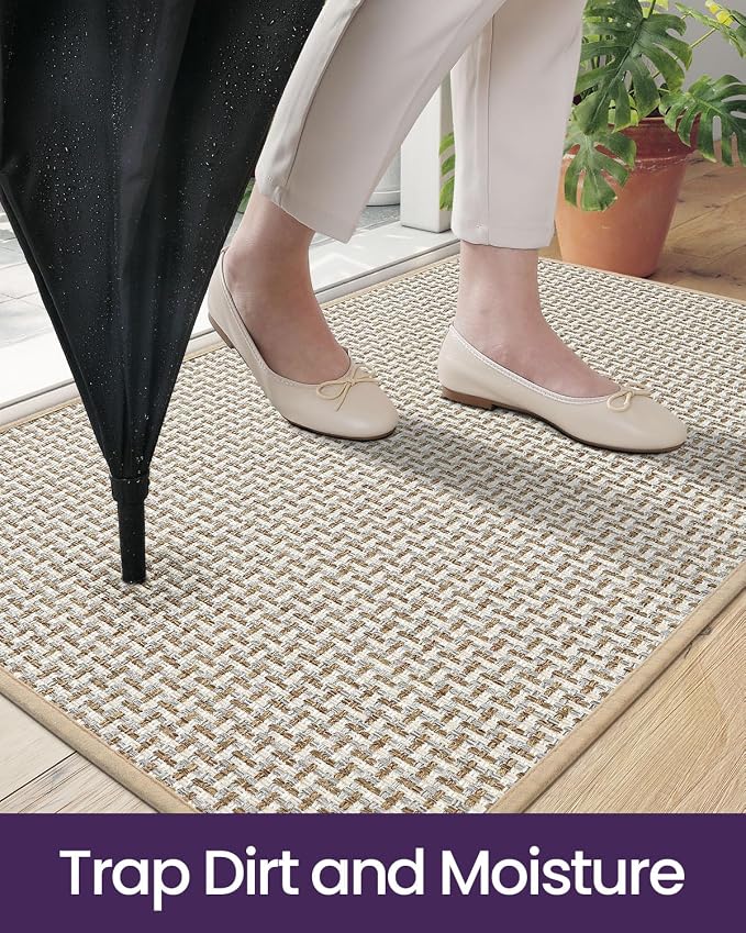 DEXI Ultra Thin Door Mat Indoor Entrance 36x56, Non Slip Rubber Backed Entryway Mats Dirt Trapper, Low Profile Front Doormat for Inside Entry, Patio, Porch, Beige and White - Image 5