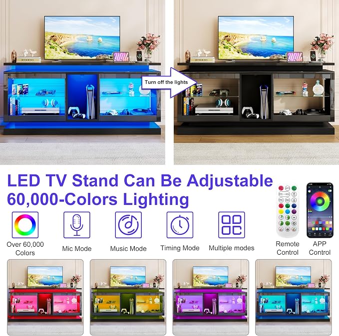 70" TV Stand W/LED Lights&Power Outlets,High Gloss Entertainment Center W/Color-Changing RGB LED Strip/Sound Sync,App/Remote Control For 70 80IN TV,Media Console Table for Home Living Room(Black) - Image 5