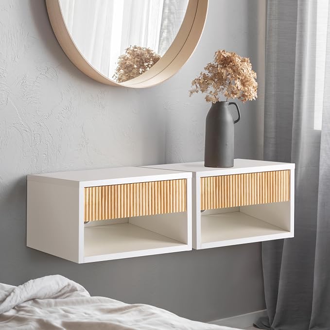 JONATHAN Y NST2001B Elise 15.71" Classic Contemporary Floating Wall Mounted Nightstand with Soft-Close Tambour Drawer and Cable Hole, White/Light Oak - Image 3