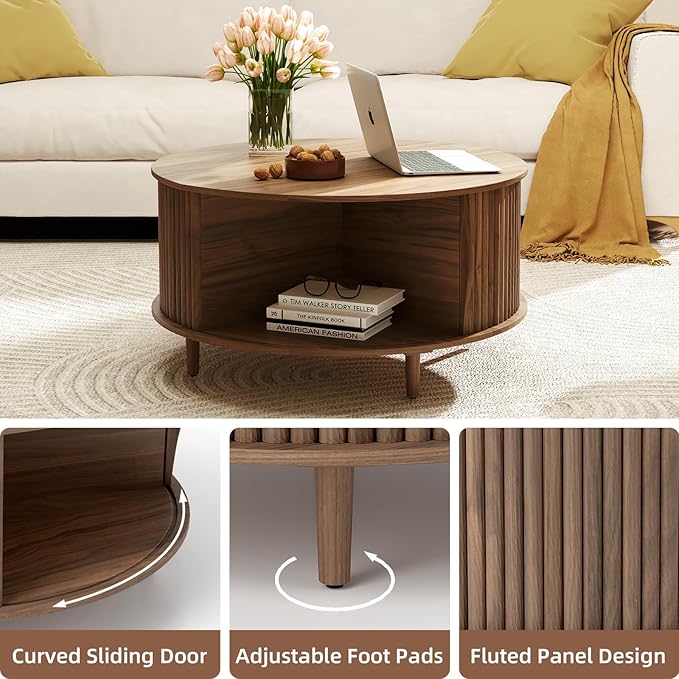 Round Coffee Table with Storage, 31.5" Walnut Wood Drum Table, Fluted Circle Center Table for Living Room, Modern Mid Century Furniture with Sliding Door