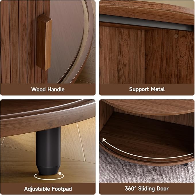 31.5 Inch Round Coffee Table, Mid-Century Modern Coffee Table wtih Storage, Fluted Coffee Table with Adjustable Footpads, 360° Rotating Sliding Door, Center Table for Living Room (Walnut)