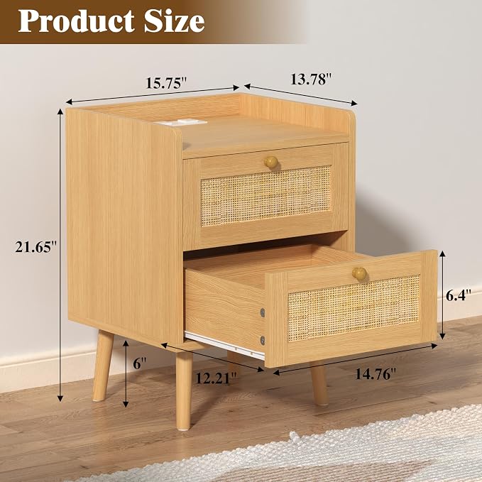 Nightstands Set of 2, Small Night Stands with Charging Station, Wood Rattan Bed Side Table Sets with 2 Drawers & Solid Wood Legs,Boho End Tables for Bedroom, Living Room, Sofa,Small Space - Image 2