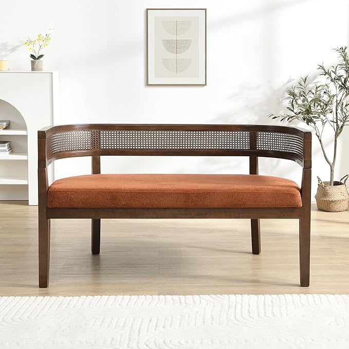 Christopher Knight Home Xiza Modern Fabric Upholstered Loveseat Sofa with Rubberwood Frame, Comfy 2-Seater Sofa Couch and Rattan Backrest, Love Seat Couches for Living Room, Dark Orange + Walnut
