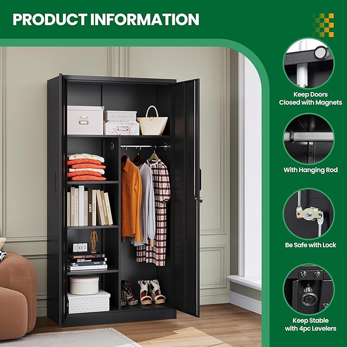 Metal Armoire Wardrobe Closet,72" Metal Storage Cabinet with Lock, 18" D x 36" W Broom Closet with Adjustable Shelves and Hanging Rods, Steel Wardrobe for Home,Bedroom,Office,Employee