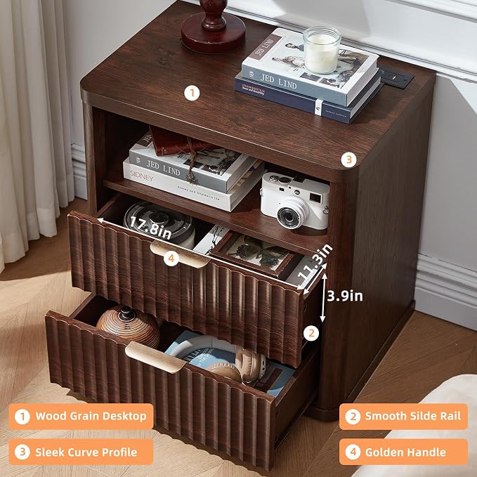 LEYAOYAO 23" Wide Fluted Night Stand with Charging Station, 2 Drawers Large End Table with Storage, Walnut Nightstand Wood Bedside Tables, Farmhouse Cabinet Dresser for Bedroom, Closet - Image 7