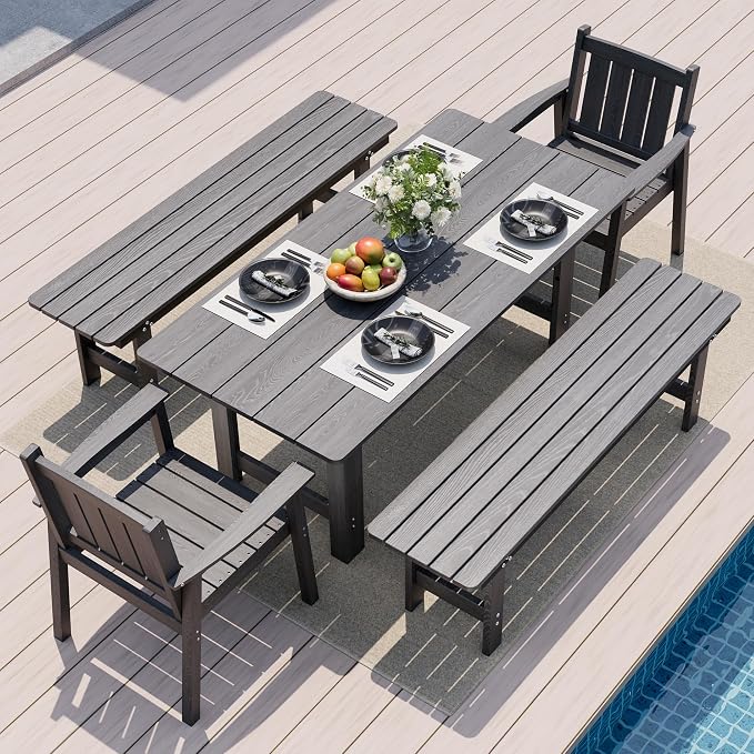 Pamapic 5 PCS Outdoor Dining Set, Spacious HDPE Outdoor Table and Chairs with 2 Bench, Wood Grain Patio Furniture Sets with Elegant Armrest, All-Weather Outdoor Furniture with Umbrella Hole, Gray by Pamapic
