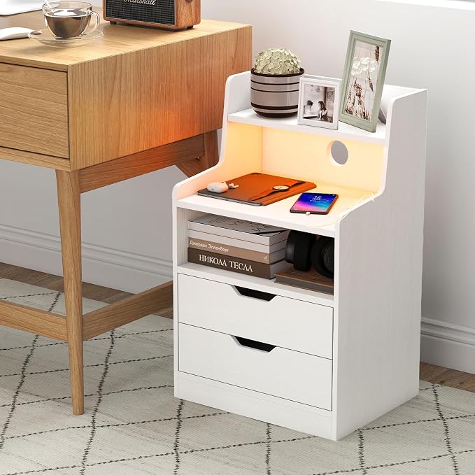 KOMFOTT Set of 2 Nightstands with Charging Station & LED Lights, Smart Night Stand with Hutch & Remote, Modern Side End Table with 2 Storage Drawers for Bedroom Dorm (White,2) - Image 9