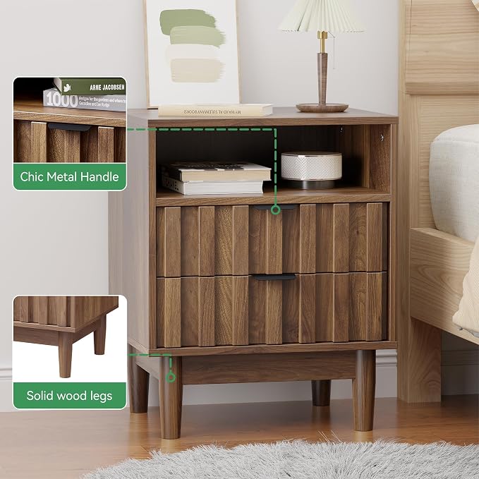 Fluted Nightstand with 2 Drawers, 19" Wide Night Stand with Solid Wood Legs, Open Storage Shelf, Mid Century Modern Wooden Bedside Table for Bedroom, Bed End Side Table, Walnut - Image 5